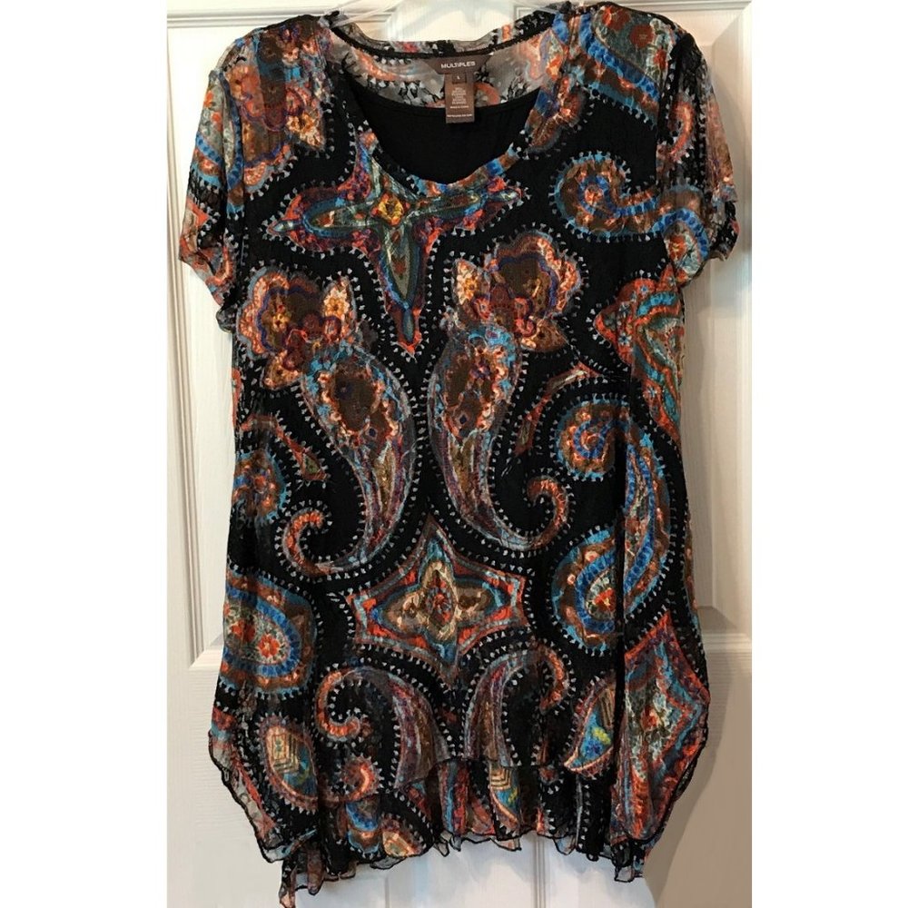 Multiples 2 Piece Paisley Print Mesh Lace Tunic Blouse Top Size L